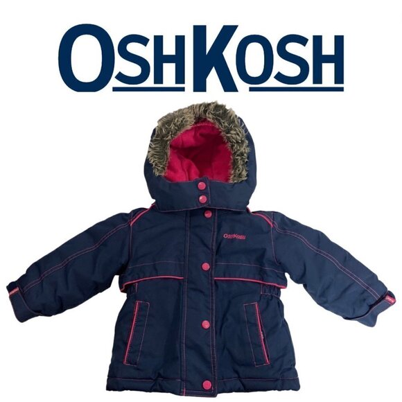 OSHKOSH B'gosh (Girls) Navy Blue and Pink Winter Jacket with Fur Detachable Hood - Picture 1 of 17